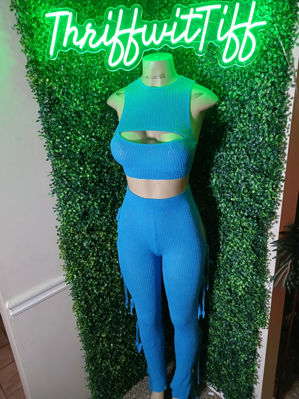 PrettyLittleThing Bright Blue Ribbed Cutout Crop & Fringe Leggings Set
